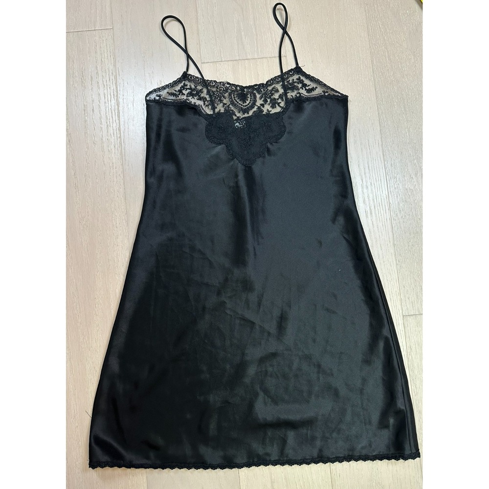 Vintage Black Slip Papillon Lace Trim Satin Lingerie Nightie Coquette Pinup S